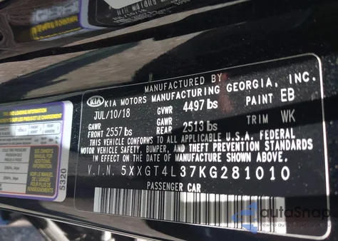 2019 Kia Optima S из США, поврежденный, VIN 5XXGT4L37KG281010